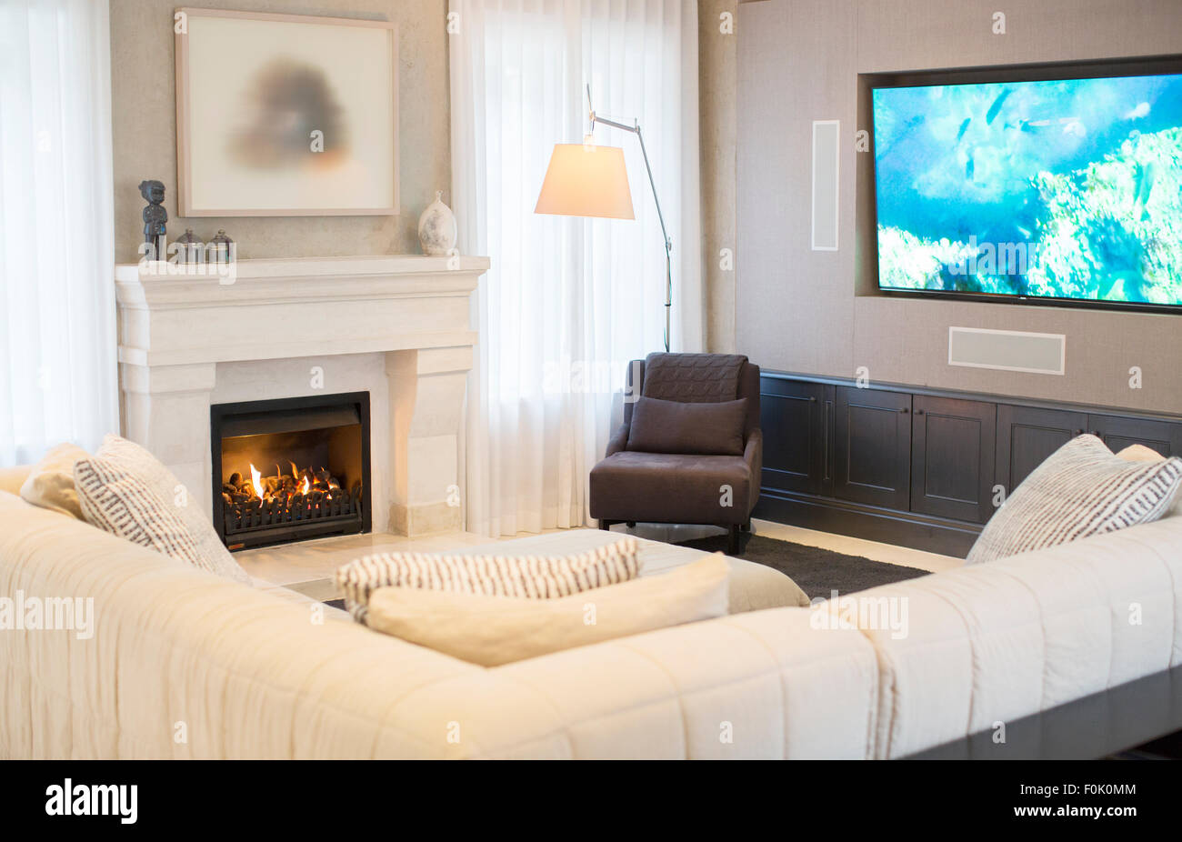 Home Vetrina soggiorno con TV e camino Foto Stock