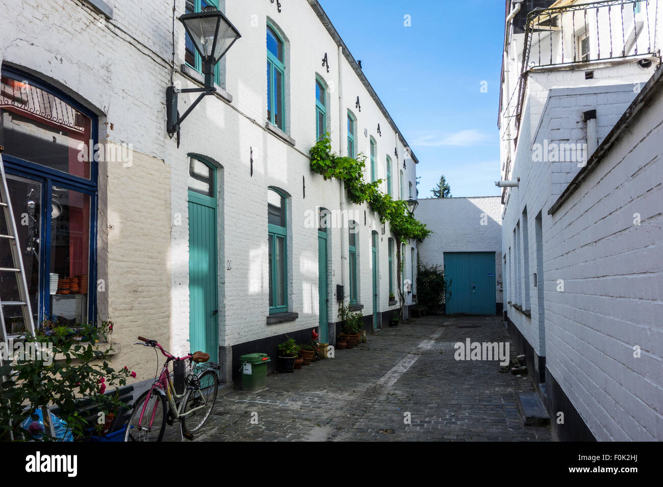Vecchio dead-end alley con il bianco della classe operaia delle case nella città di Aalst / Alost, Fiandre, in Belgio Foto Stock