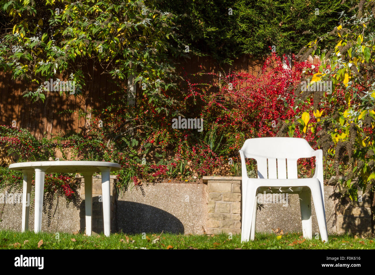 Mobili da giardino. In plastica bianca tavolo e sedia in un giardino su una soleggiata giornata autunnale Foto Stock