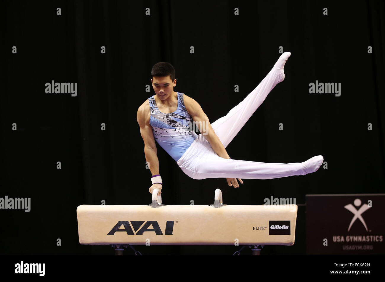 Indianapolis NEGLI STATI UNITI. 16 Ago, 2015. Addison Chung, dalla New England Sports Academy, compete in tutti intorno a finale al junior uomini 2015 P&G Campionati di ginnastica. Chung è stato chiamato per la squadra nazionale.Melissa J. Perenson/CSM/Alamy Live News Foto Stock