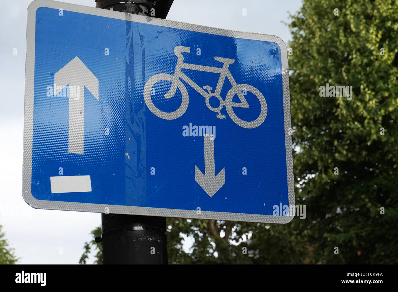 Cartello stradale per una strada a senso unico con un controflusso bike Lane, London, Regno Unito Foto Stock