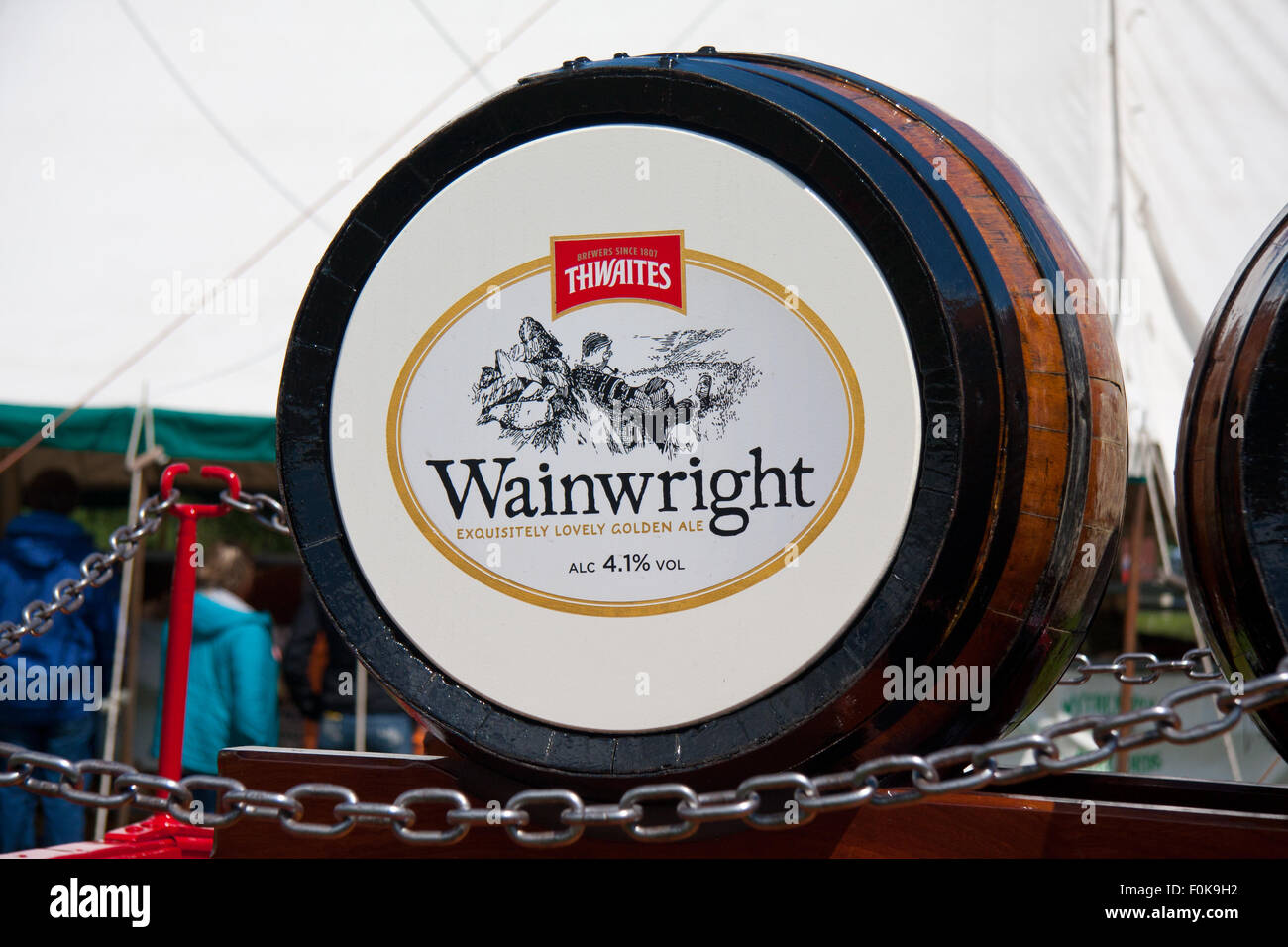 Thwaites Wainright ale canna sul a cavallo il drey a Bury spettacolo agricolo, nel Lancashire, Regno Unito. Foto Stock