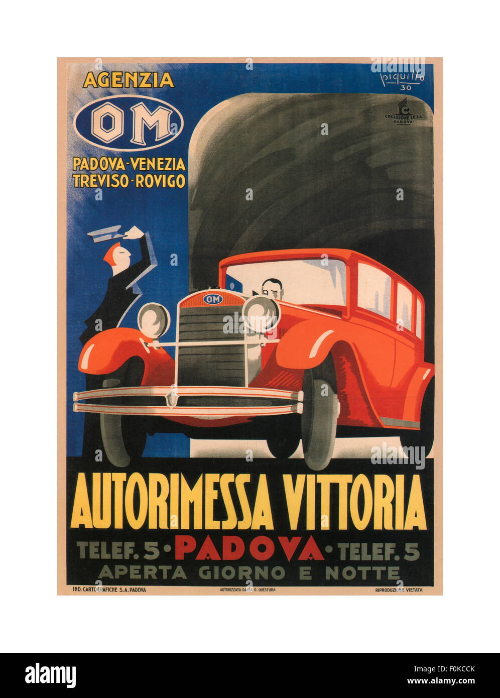 Auto italiana Vintage Poster pubblicitario, autorimessa Vittoria Padova, 1930 Foto Stock