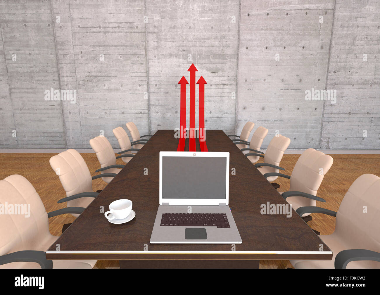 Sala riunioni con tavolo sedie, laptop e le frecce rosse, 3d illustrazione Foto Stock