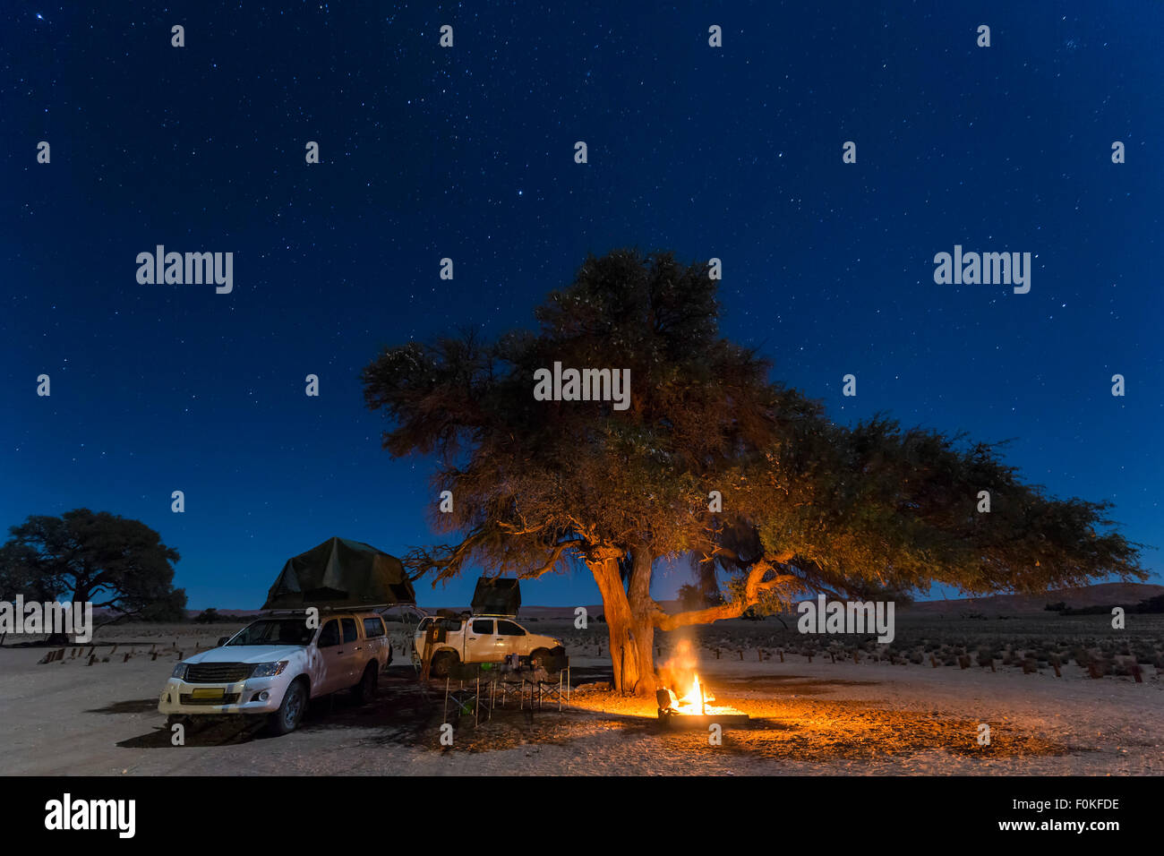 La Namibia, Namib Desert, Namib Naukluft National Park, camping con campo di fuoco di notte Foto Stock