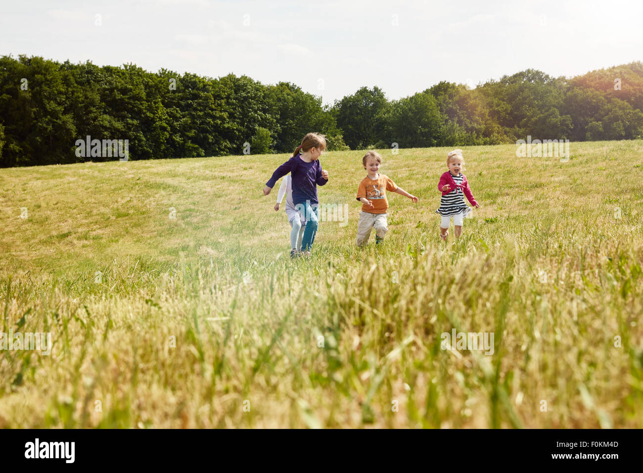 Quattro figli piccoli in esecuzione su un prato Foto Stock