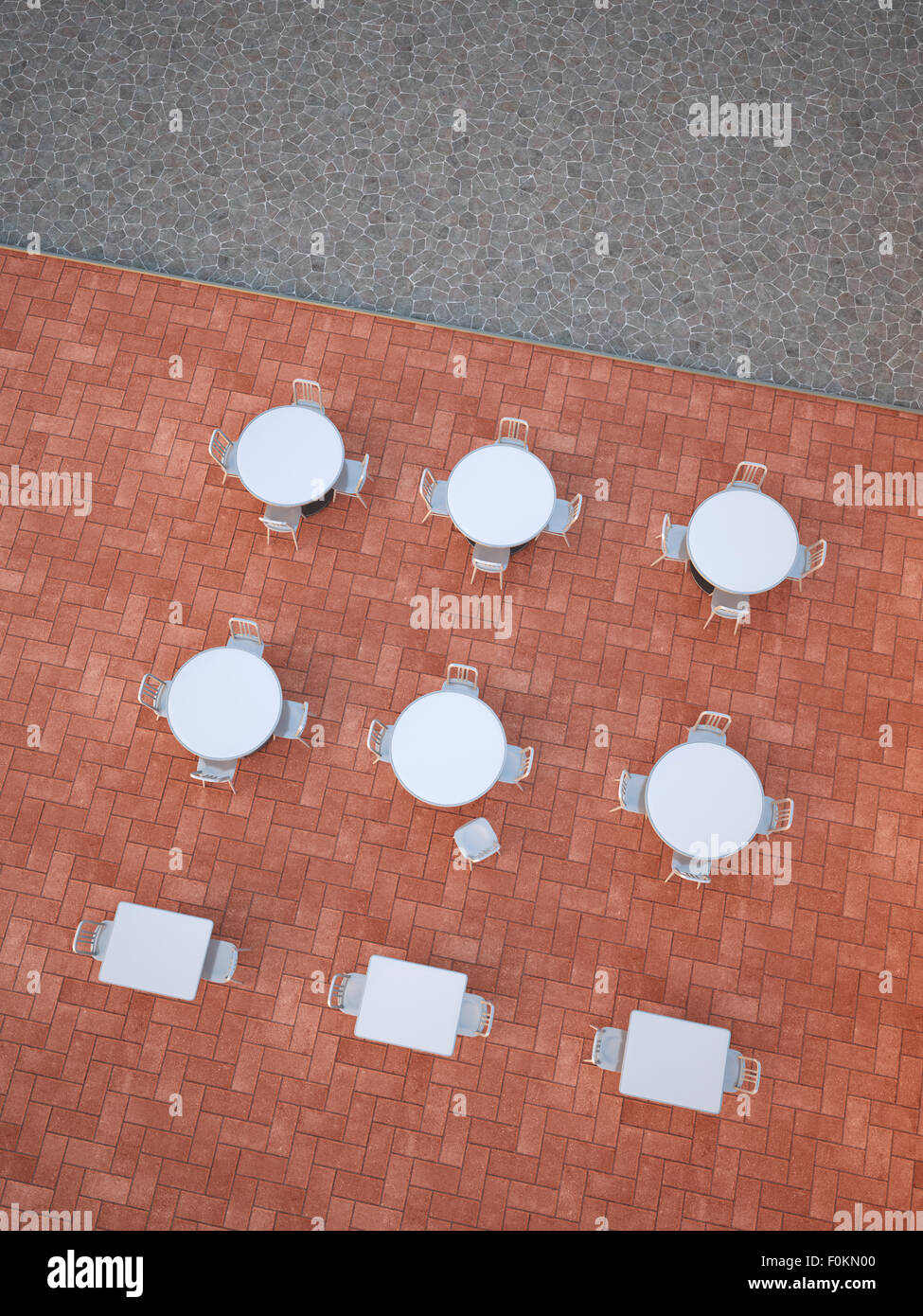 Tavoli e sedie bianchi di un vuoto Pavement Cafe, rendering 3D Foto Stock