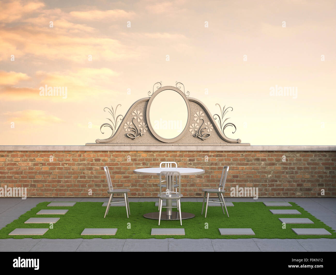 3D-Illustrazione, vuoto tetto a terrazza con sedie e tavolo la sera, revegetated Foto Stock