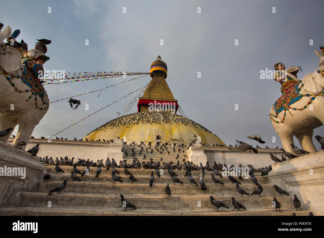 Stupa Boudhanath, uno del principale punto di riferimento nella capitale Kathmandu circondato da uccelli al mattino presto, Nepal Foto Stock