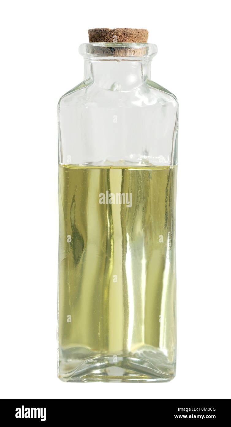 Bottiglia di vetro con olio d'oliva in isolato su bianco Foto Stock