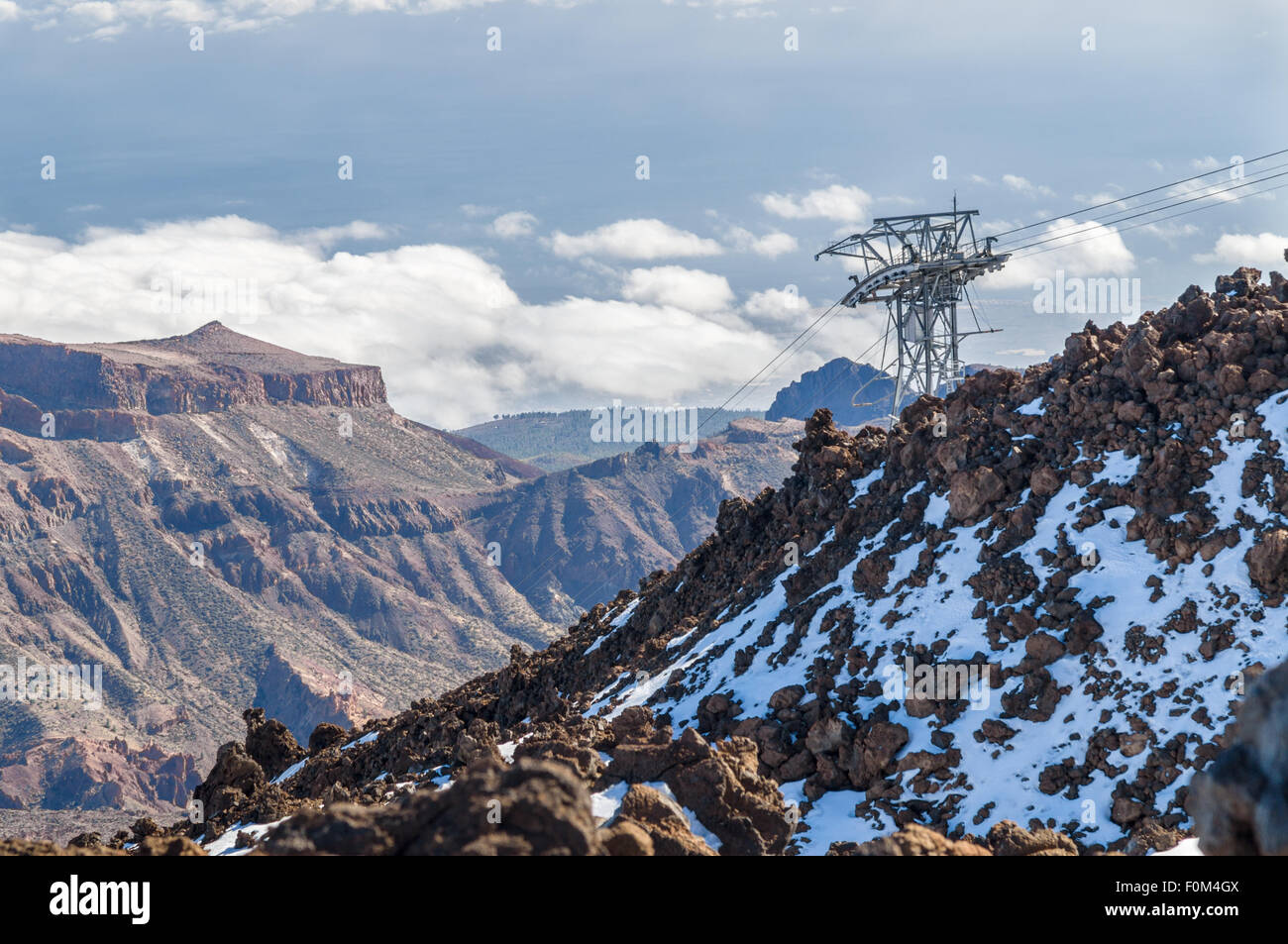 Vista aerea dal vulcano Teide sulla funivia e montagne, Tenerife, Isole canarie, Spagna Foto Stock