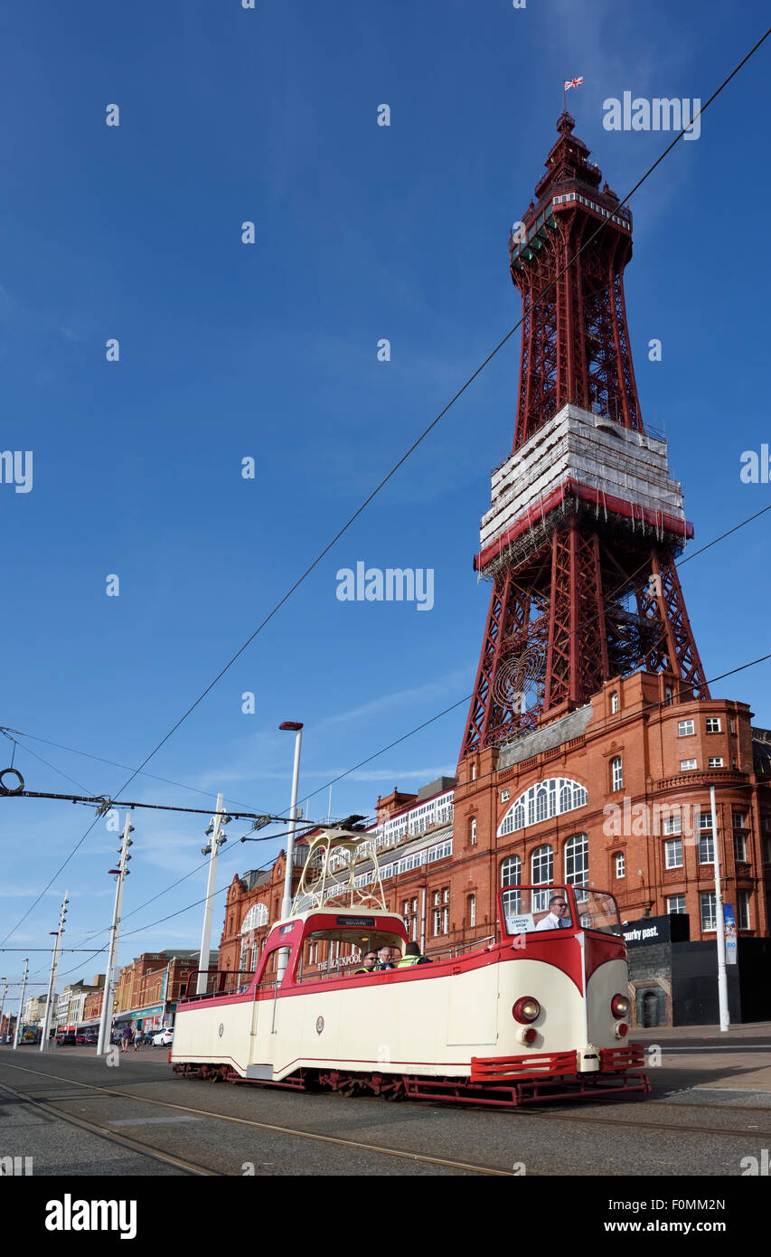 Vintage rosso e crema singolo deck scoperto il tram di fronte la mitica Torre di Blackpool in Blackpool Lancashire Foto Stock