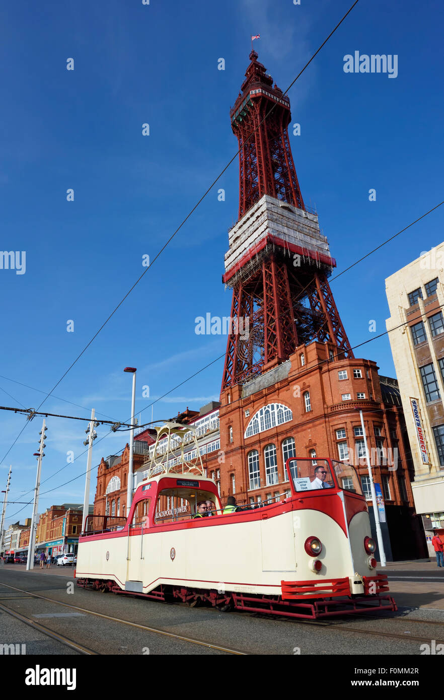 Vintage rosso e crema singolo deck scoperto il tram di fronte la mitica Torre di Blackpool in Blackpool Lancashire Foto Stock
