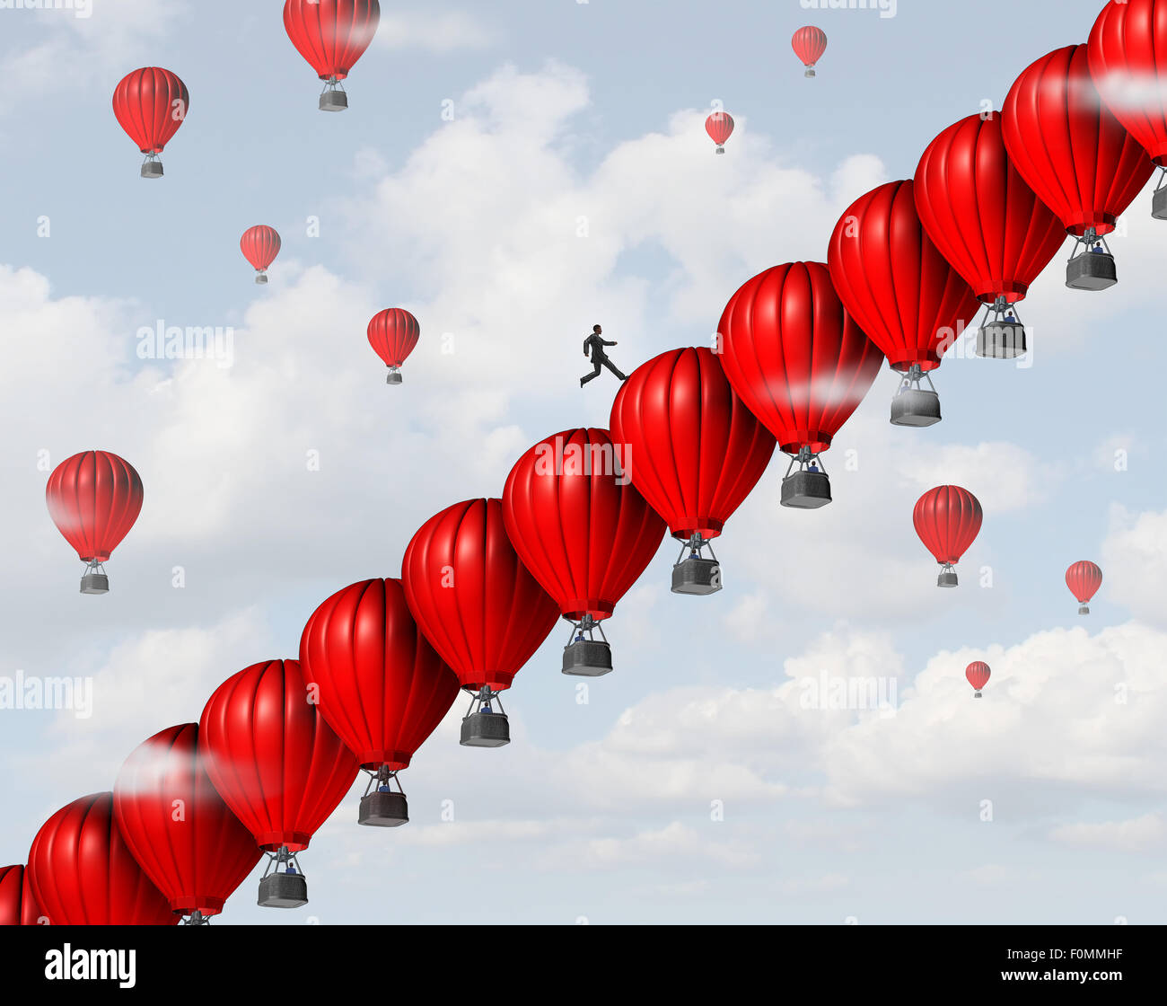 La gestione del business di successo il concetto di leadership come un gruppo di rosso palloncini aria impilati in una scala o scale formazione così un imprenditore leader può salire passi verso una finanziaria o obiettivo di carriera come un supporto creativo metafora. Foto Stock