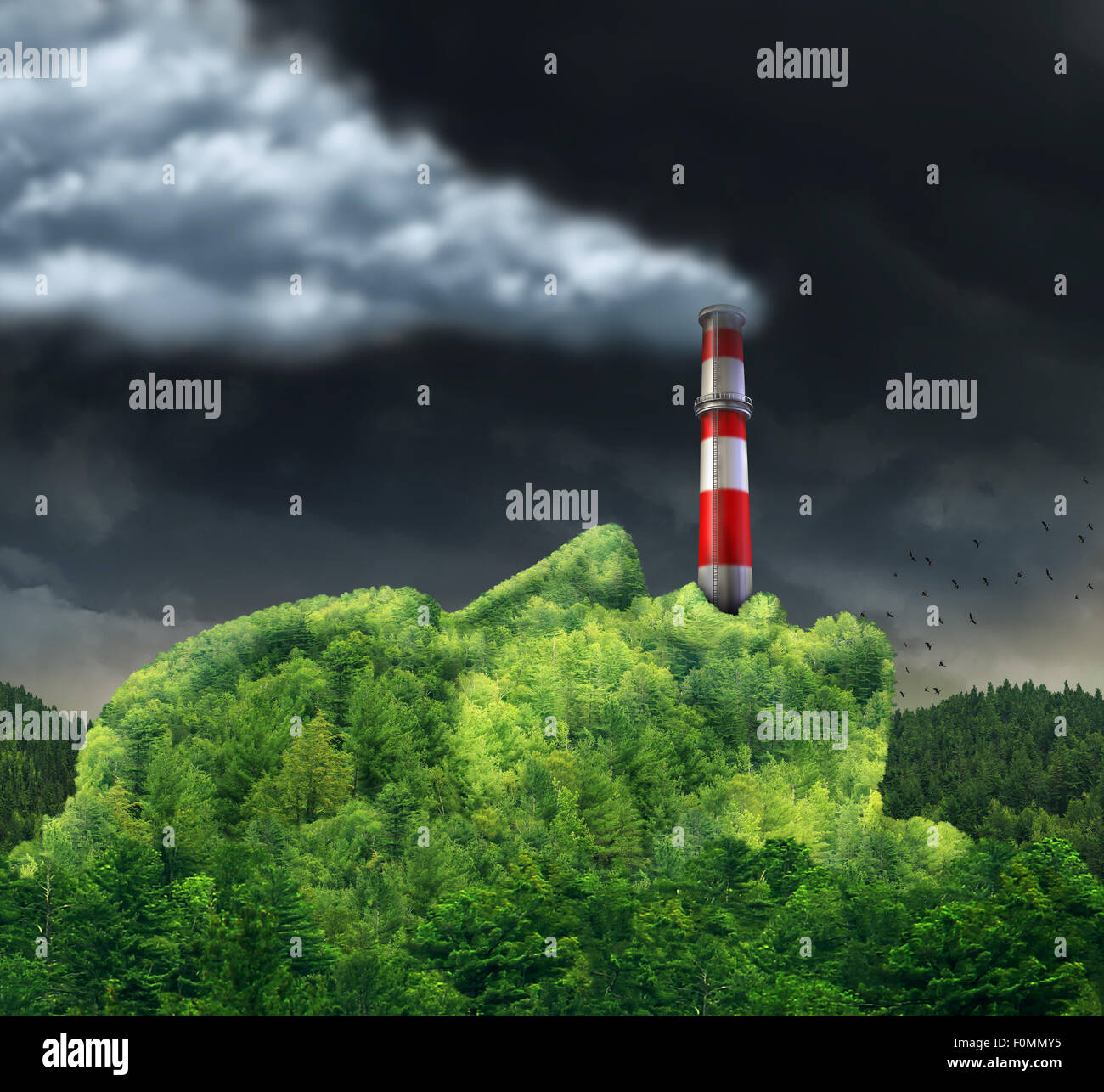 Concetto di inquinamento e di cambiamento di ambiente provocando il riscaldamento globale come un ambiente surreale idea con una montagna verde a forma di Foto Stock