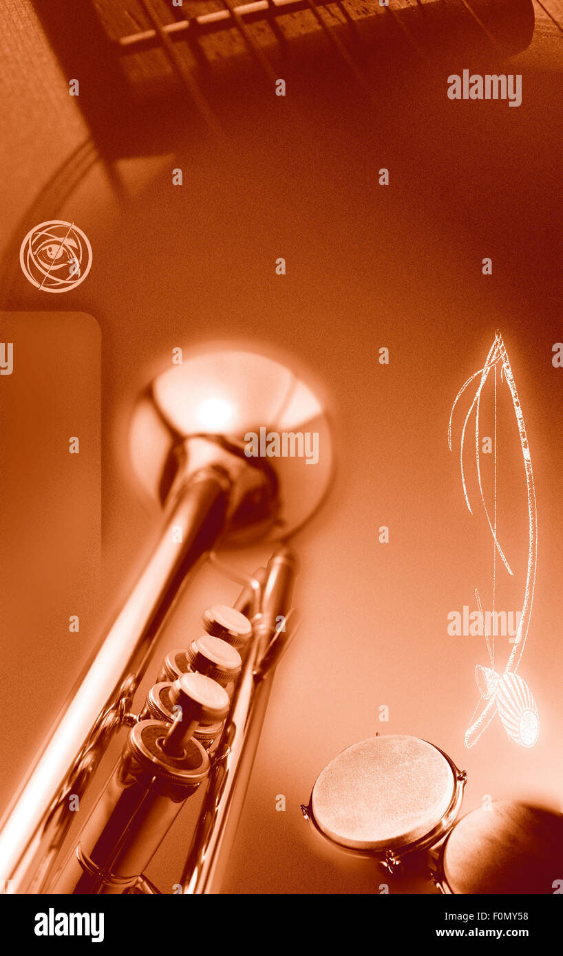 Illustrazione di un brasiliano stile design chitarra, tromba e conga con orange sfondo sfocato Foto Stock