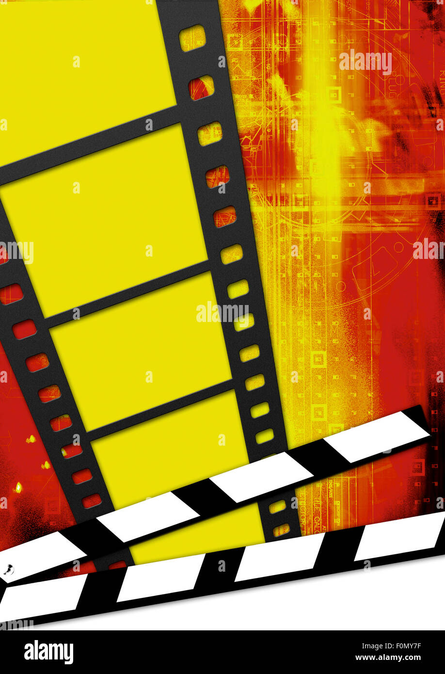 Verticali di colore rosso e giallo cinema tecnologico sfondo con una telecamera cinematografica e un clapboard con copia spazio. Foto Stock