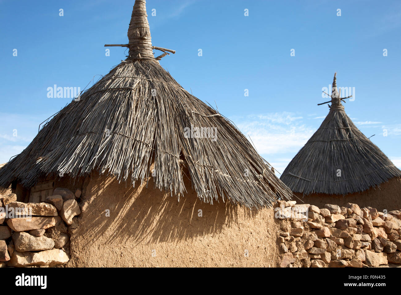 Tradizionale in mattoni di fango Dogon case (granaio maschio e femmina granaio). Designato come Sito del Patrimonio Mondiale dell'UNESCO Foto Stock