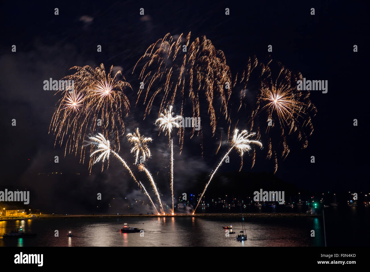 Plymouth, UK. 18 Agosto, 2015. I fuochi d'artificio dal Phoenix fuochi d'artificio al britannico Campionato di fuochi d'artificio preso 18 agosto 2015 a Plymouth Regno Unito. Il display appare come palme d'oro ed è stato progettato da Mark Friel. Credito: Anna Stevenson/Alamy Live News Foto Stock