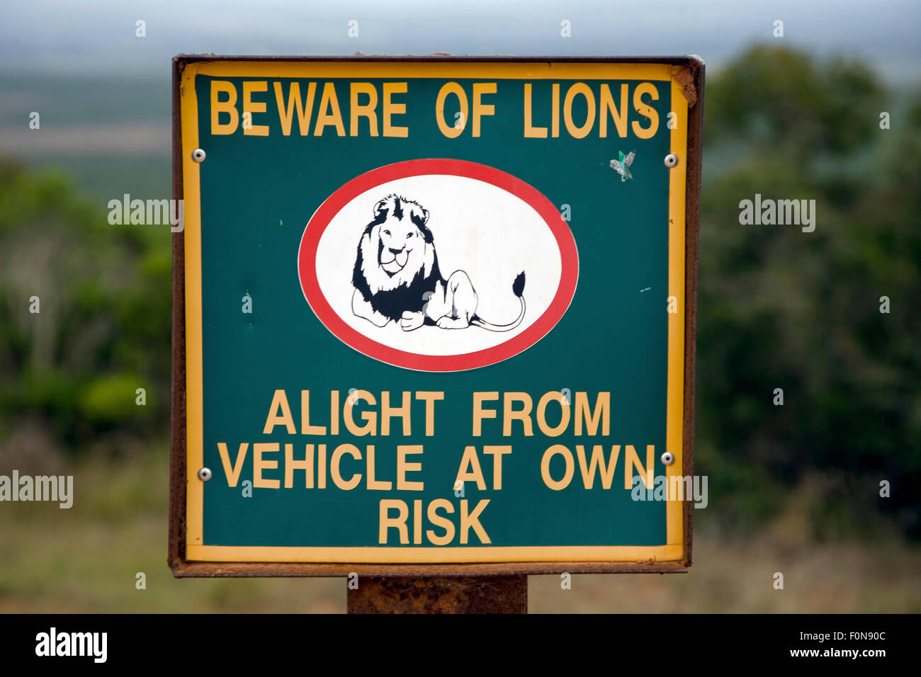 Un avvertimento di legno segno su un recinto di South African Lion parco giochi Foto Stock