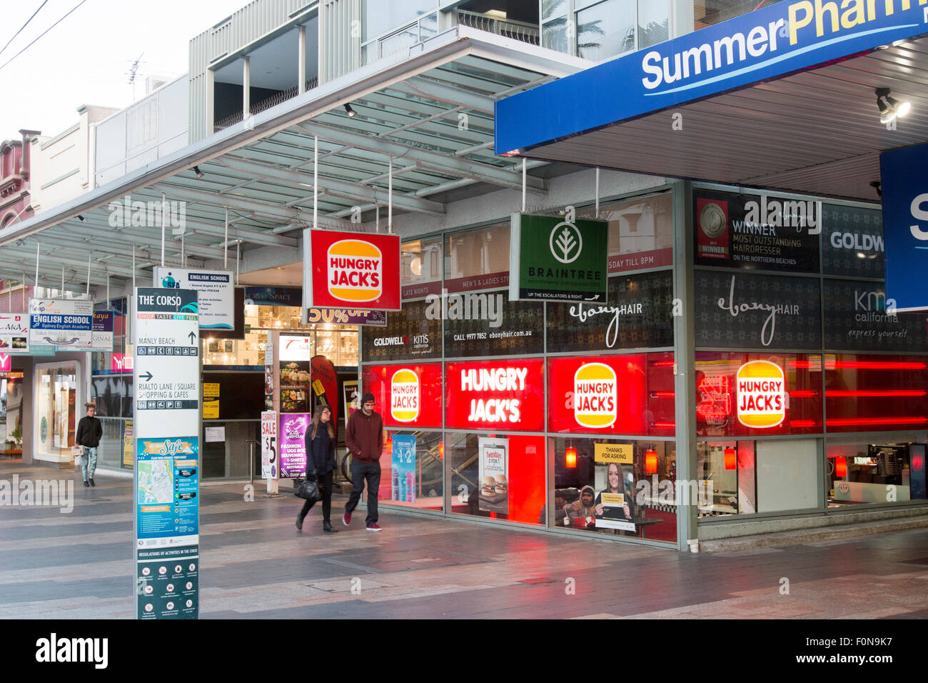 Hungry Jacks in Manly Beach, sobborgo di Sydney in prima serata, Nuovo Galles del Sud, Australia Foto Stock