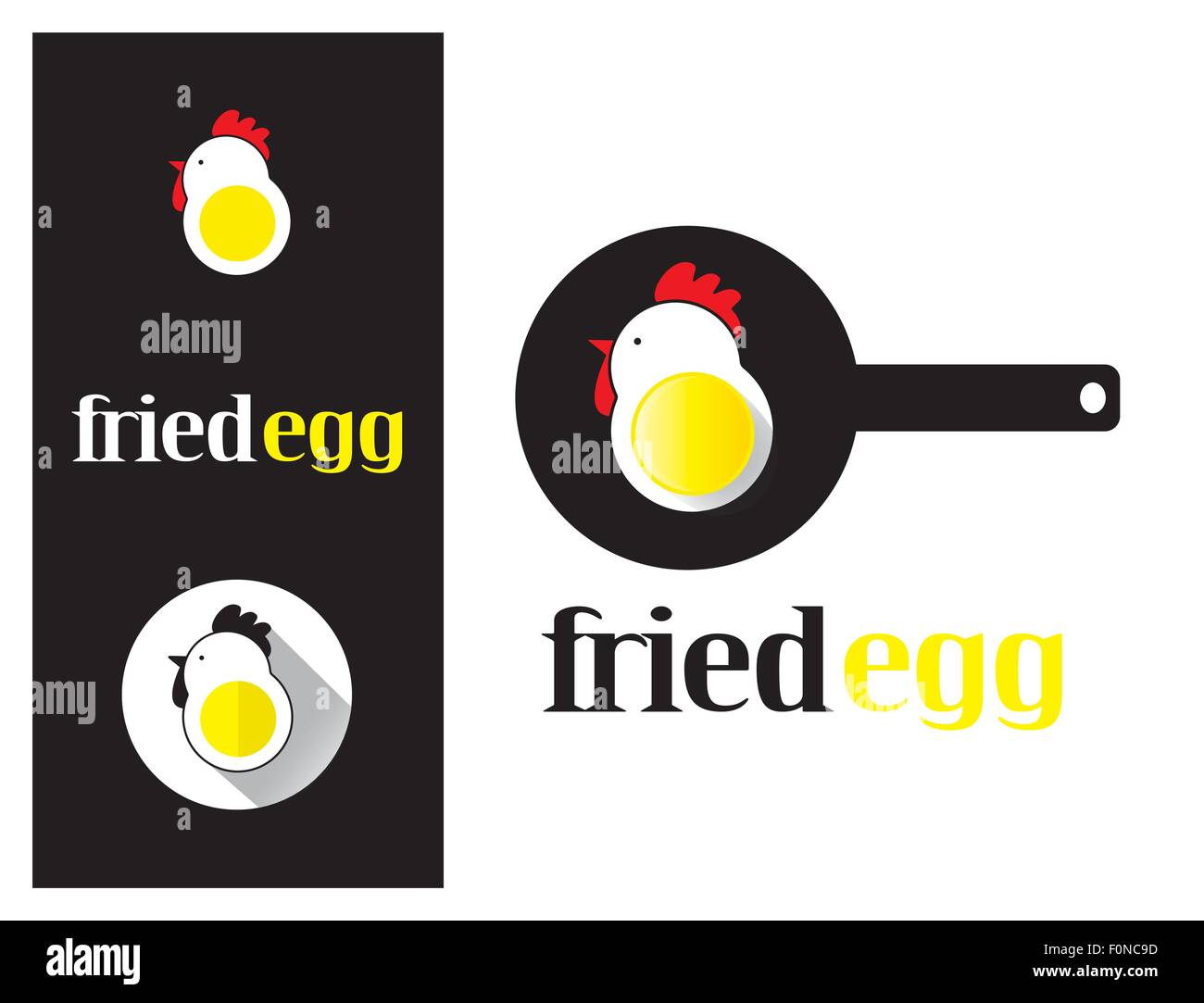 Logo design elemento. Uovo fritto. Stilizzata pulcino piccolo con tuorlo d'uovo su nero pan. Illustrazione Vettoriale Logo design elemento. Uovo fritto. Stilizzata pulcino piccolo con tuorlo d'uovo su nero pan. Illustrazione Vettoriale