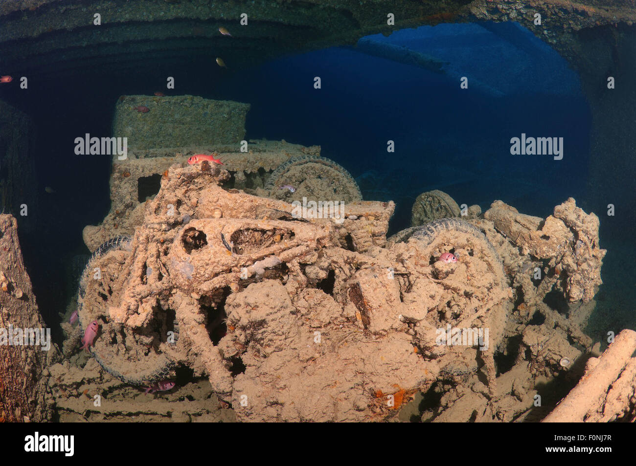 Mar Rosso, Egitto. Xv oct, 2014. motociclo ''Norton 16H'' sul naufragio SS Thistlegorm (armate britanniche Marina Mercantile nave), Mar Rosso, Egitto. © Andrey Nekrasov/ZUMA filo/ZUMAPRESS.com/Alamy Live News Foto Stock