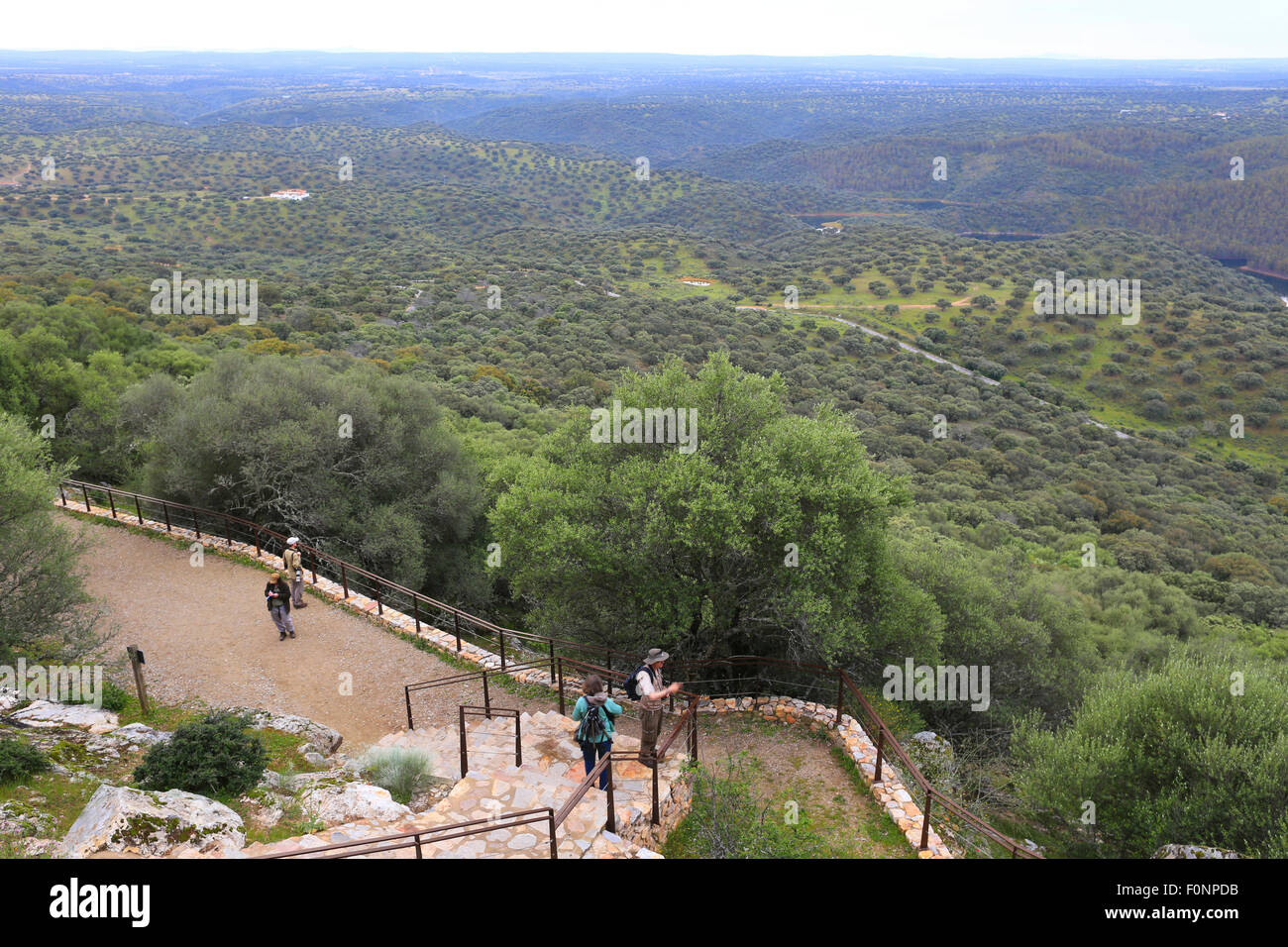 Vista da Ermita y Castillo de Monfrague, (Monfrague eremo e Castello), Monfrague National Park, Estremadura, Spagna. Foto Stock
