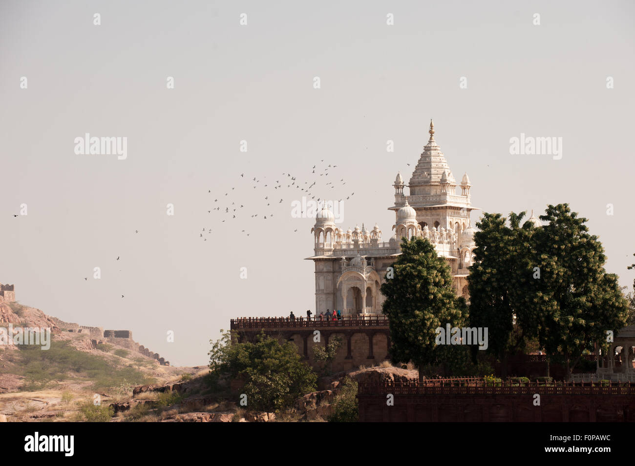 Jodhpur, India. Marmo bianco Mausoleo, il Cenotafio, il Jaswant Thada in memoria del Maharaja, intricate sculture dal lattiginoso in marmo bianco Foto Stock