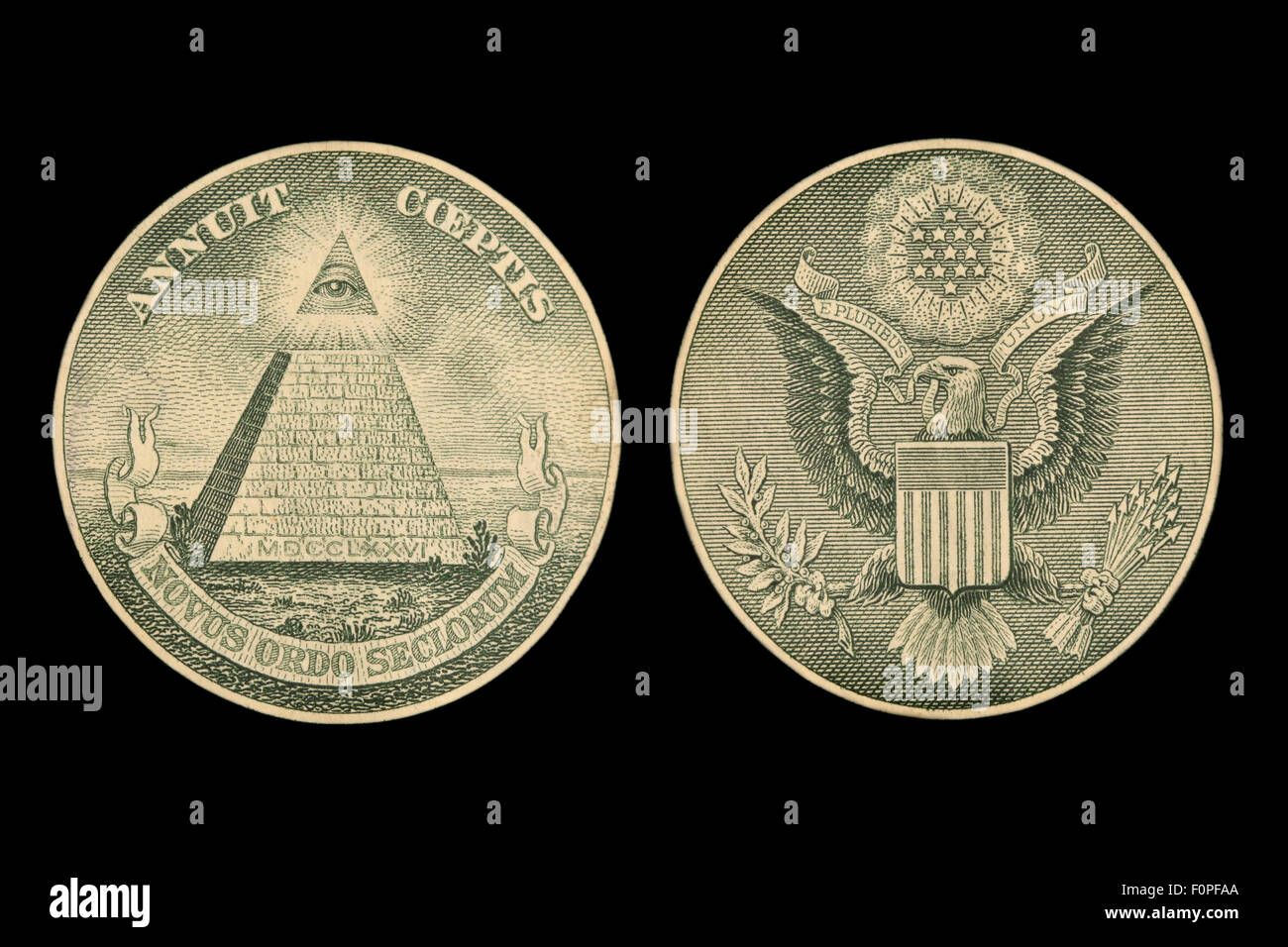 Immagine che mostra le guarnizioni di un dollaro isolato su nero Foto Stock