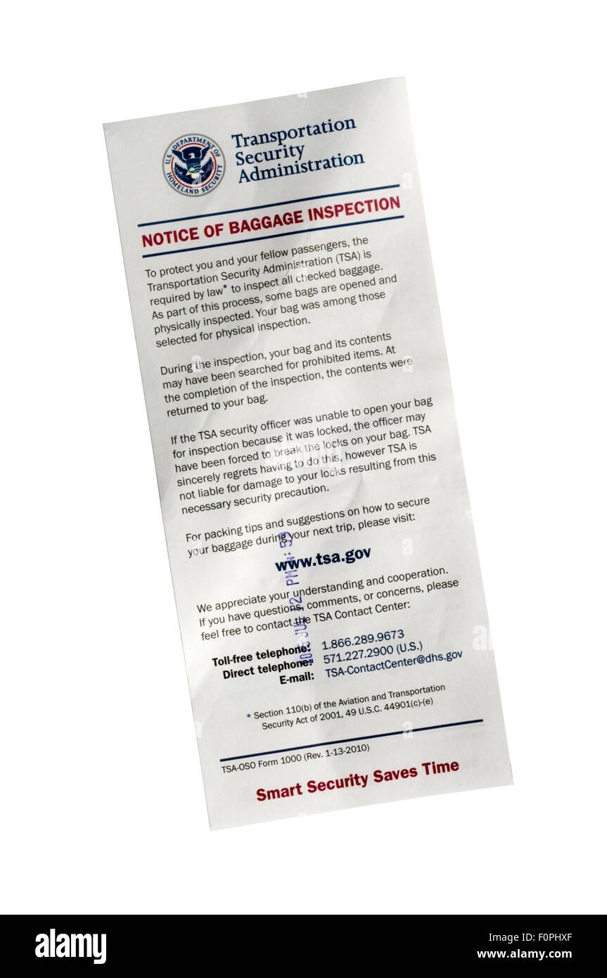 Un American Transportation Security Administration Preavviso di ispezione del bagaglio. Foto Stock