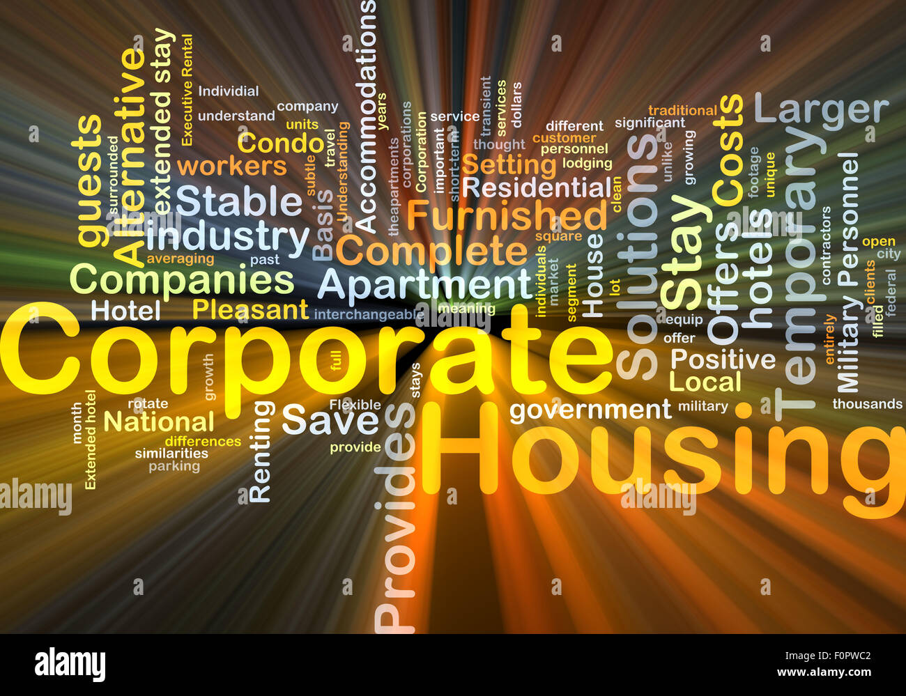 Concetto di sfondo wordcloud illustrazione di corporate housing luce incandescente Foto Stock