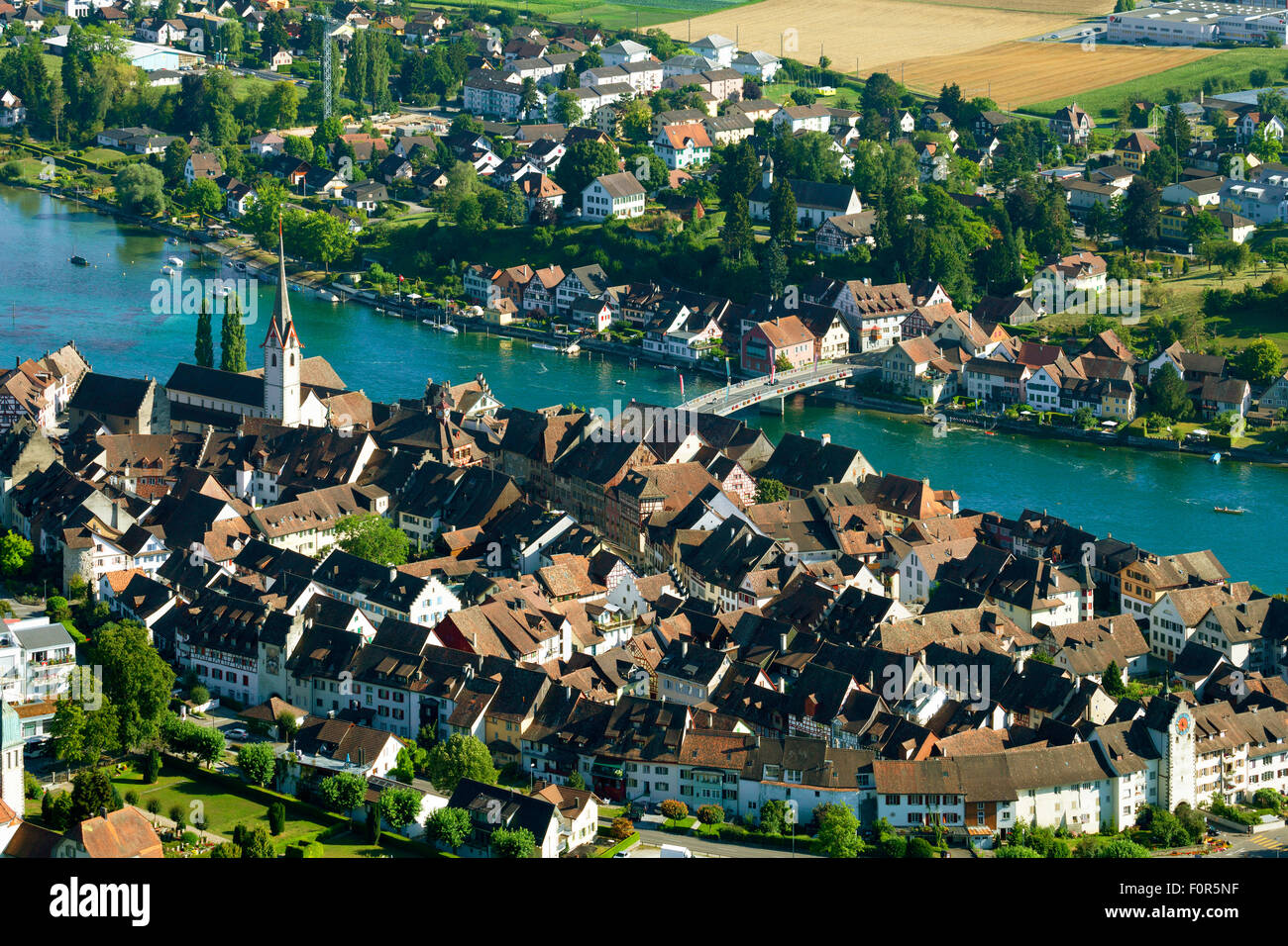 Vista del centro storico di Stein am Rhein, Hochrhein, Cantone di Sciaffusa, Svizzera Foto Stock