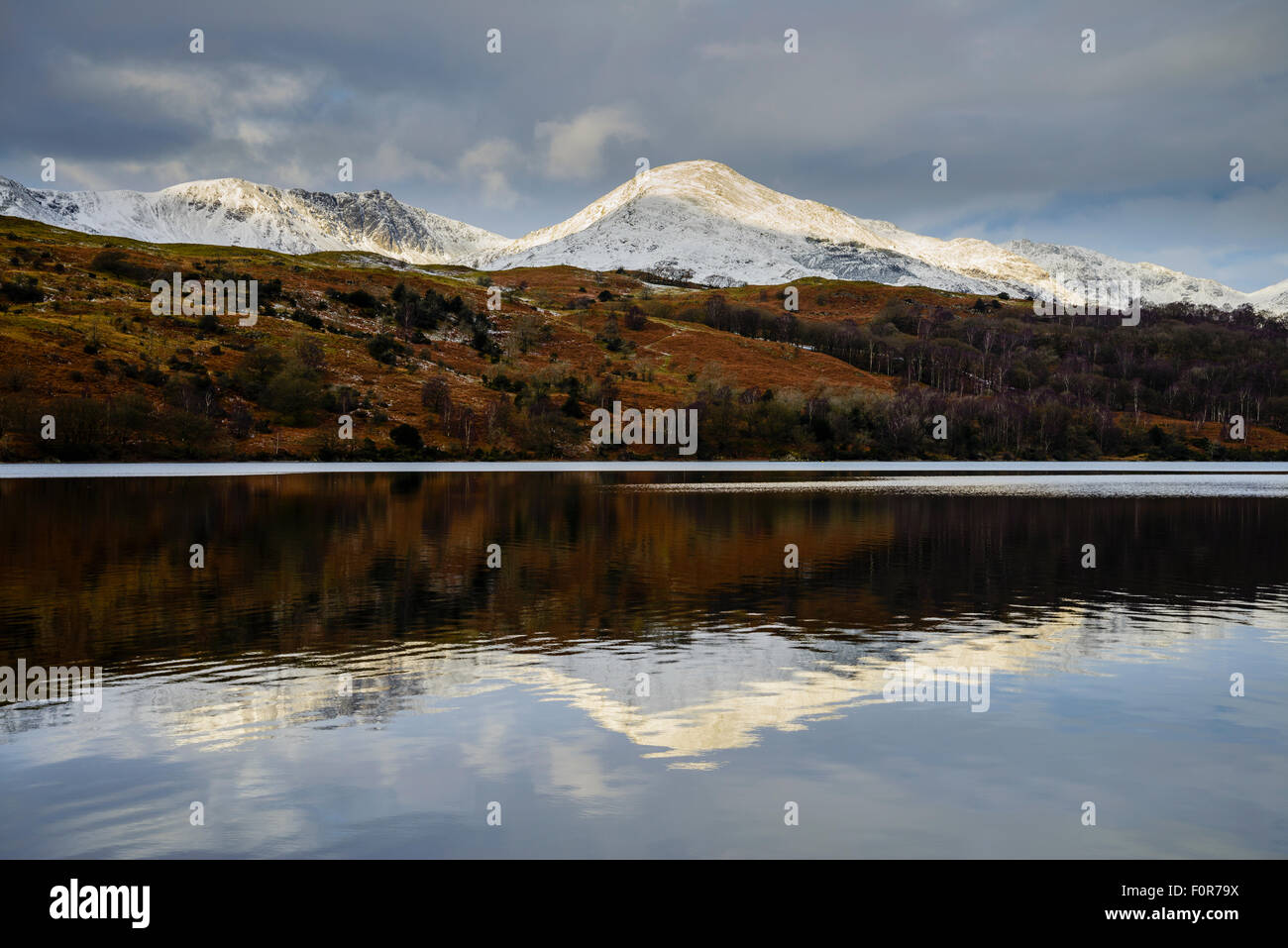 Snowy Coniston fells (Dow Crag e Coniston Old Man) riflesso in Coniston Water, Lake District Foto Stock