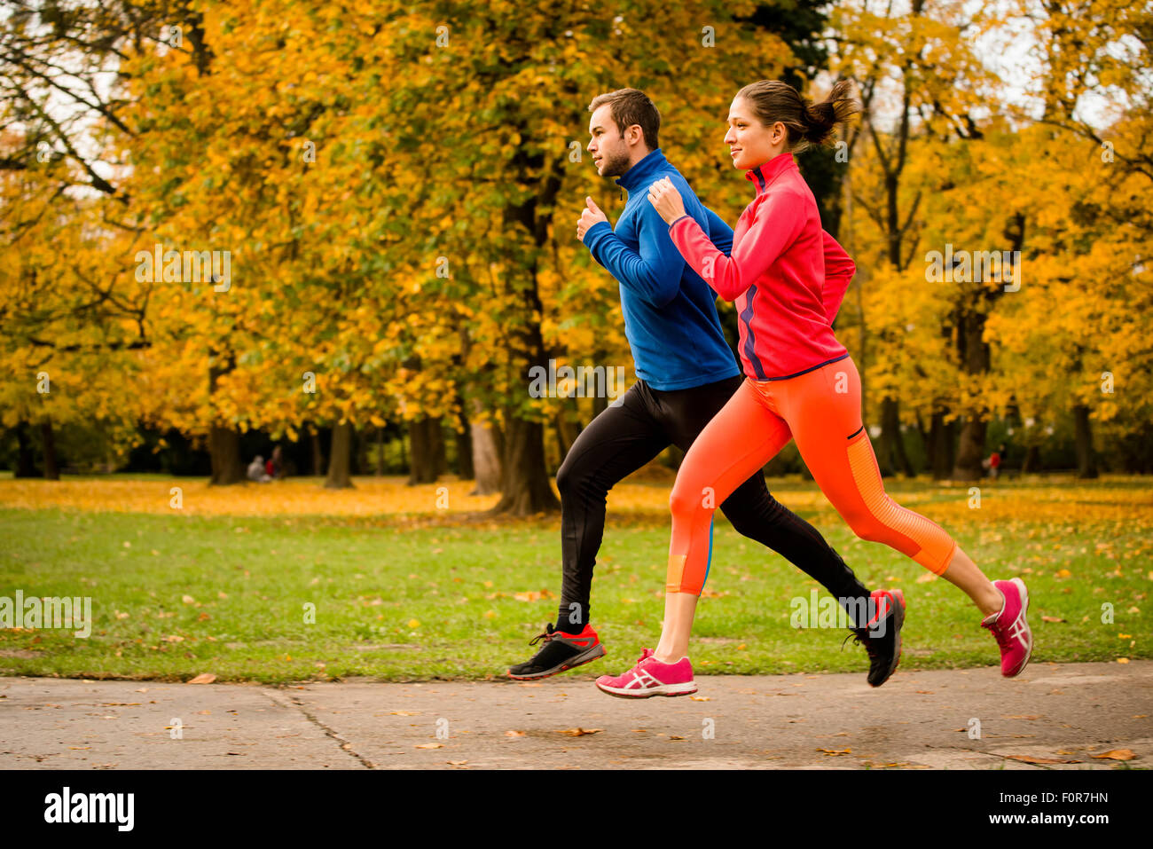 Correndo insieme - amici insieme per fare jogging nel parco, vista posteriore Foto Stock