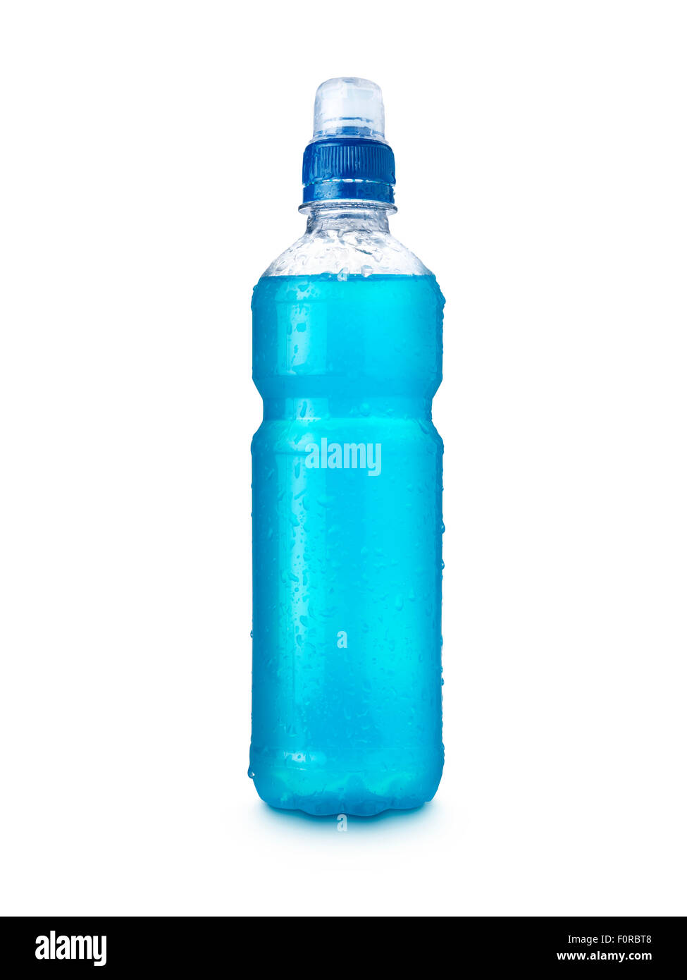 Inquadratura di un blu energy drink in un puro sfondo bianco con copia di spazio e di un tracciato di ritaglio Foto Stock