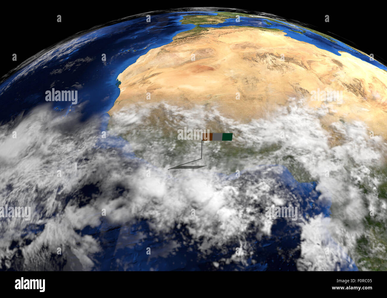 Bandiera della Costa d'Avorio in pole sul globo terrestre illustrazione - Elementi di questa immagine fornita dalla NASA Foto Stock
