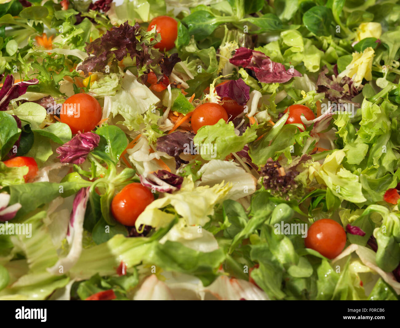 Close up, full frame, colpo di insalata fresca con un ampia varietà di ortaggi prelevati con una profondità di campo ridotta. Mi occupo per l'uso Foto Stock