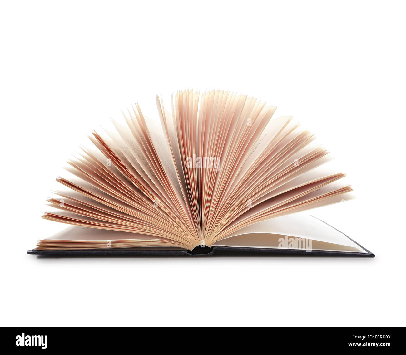 Colpo di libro aperto con pagine ventaglio, isolato su bianco con ombra Foto Stock