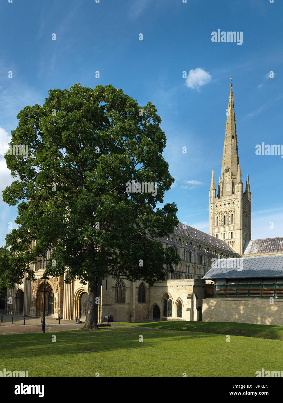 Colpo di una cattedrale nella città inglese di Norwich in East Anglia. Prese nel bel sole in estate. Foto Stock