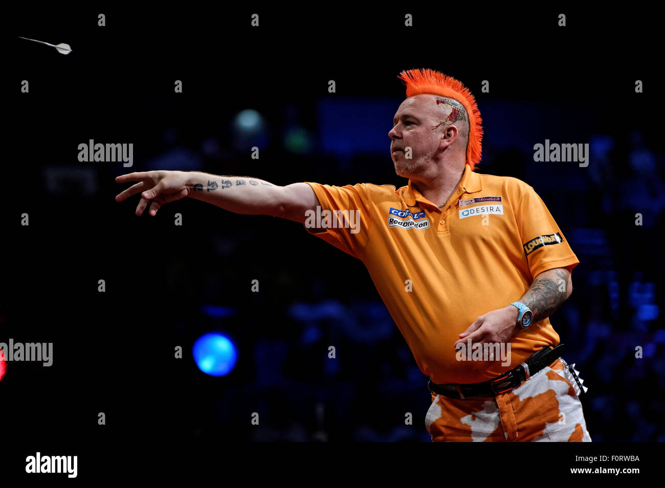 Professional Freccette star Peter Wright durante il round di Sydney del PDC World Series presso la Qantas Credit Union Arena di Sydney. Foto Stock