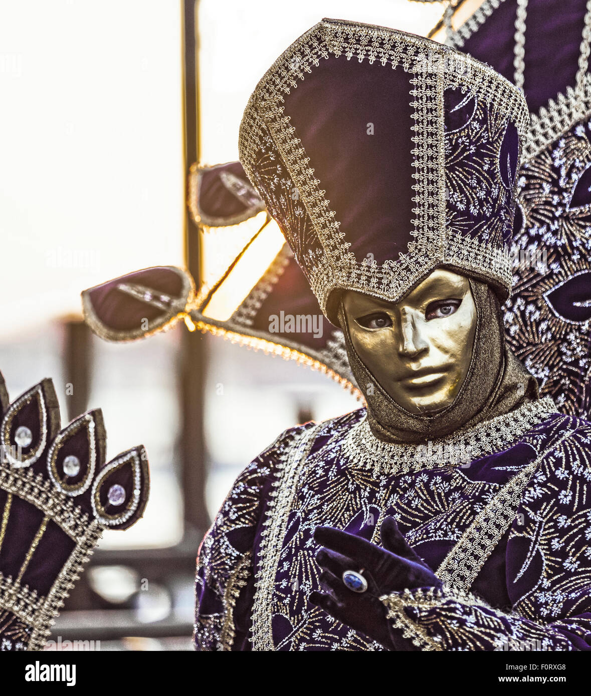 Un oro Carnevale mascherato pone per fotografi in una bella mattina di febbraio a Piazza San Marco Foto Stock