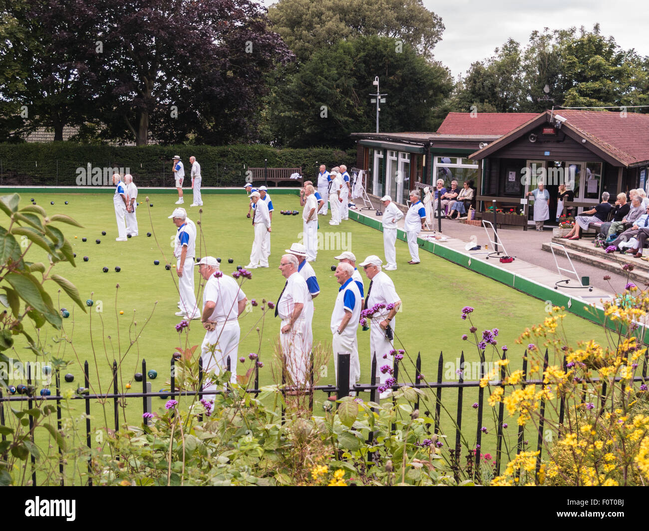 Whitstable, Regno Unito, 20 agosto 2015. Whitstable bowling club ospita un concorso a Gravesend uomini veterani. Vista dall'ingresso gratuito ai giardini pubblici di Whitstable Castello. Bocce sono stati riprodotti qui per 75 anni. Foto Stock