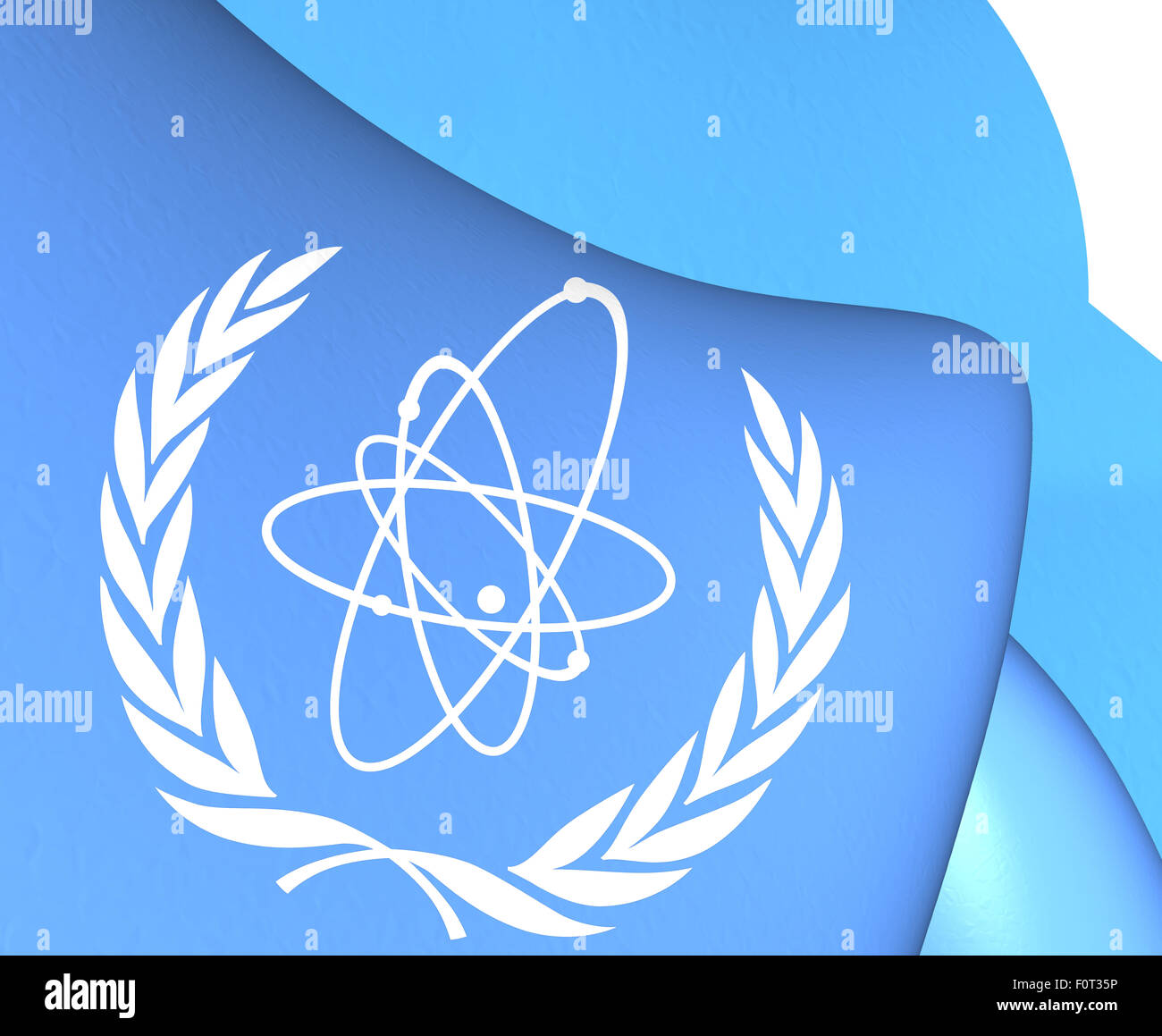 3D bandiera dell' Agenzia internazionale dell' energia atomica. Close up. Foto Stock