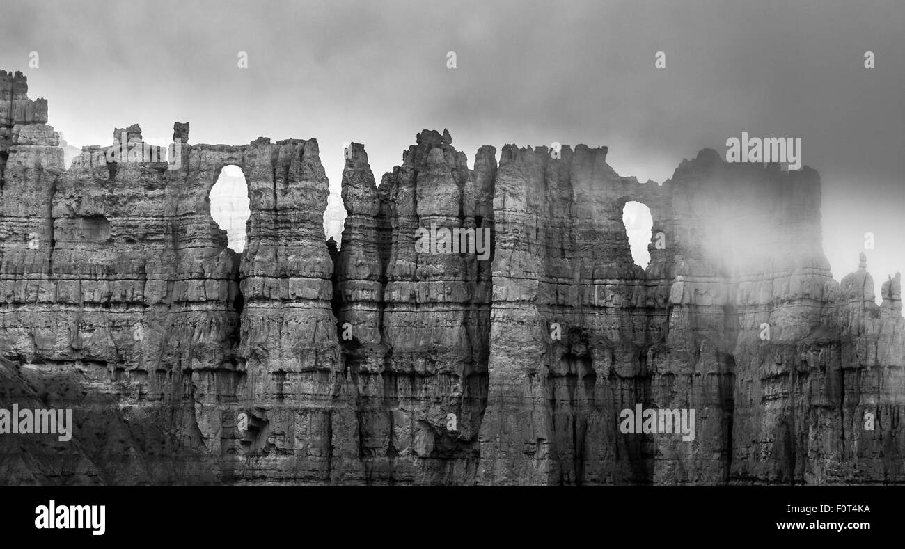 Una fitta nebbia che copre il Bryce Hoodoos in bianco e nero Foto Stock