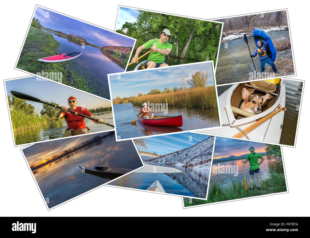 Raccolta di nove paddling foto da laghi e fiumi del Colorado con kayak, canoa e alzarsi padleboards e t Foto Stock