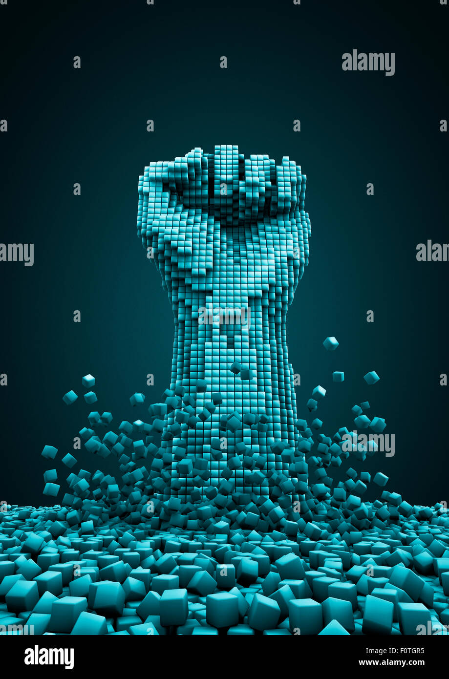 La rivoluzione digitale / 3D render di pixel pugno alzato in segno di protesta Foto Stock