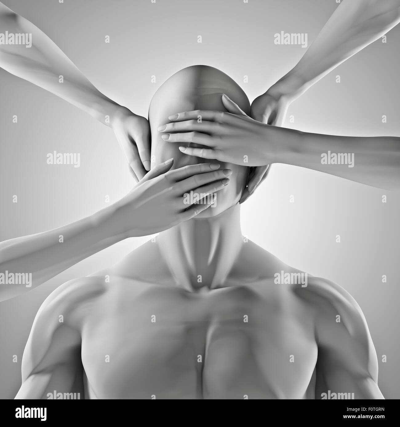 Non parlo, 3D Rendering di figura maschile con le mani che coprono gli occhi, le orecchie e la bocca Foto Stock