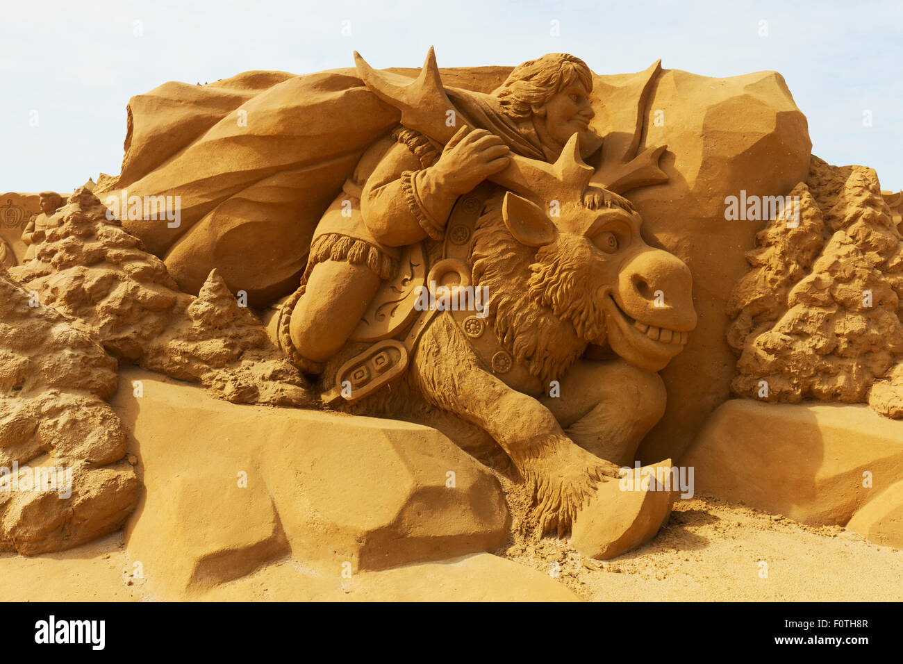 Sven e Christoff dal film di Disney congelate, le sculture di sabbia, la scultura di sabbia Festival Estivo congelati Sun, Ostenda Foto Stock