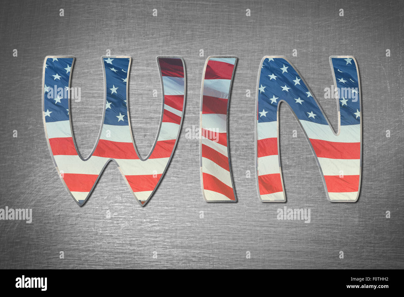 Parola di vittoria con la bandiera americana su acciaio texture di sfondo Foto Stock
